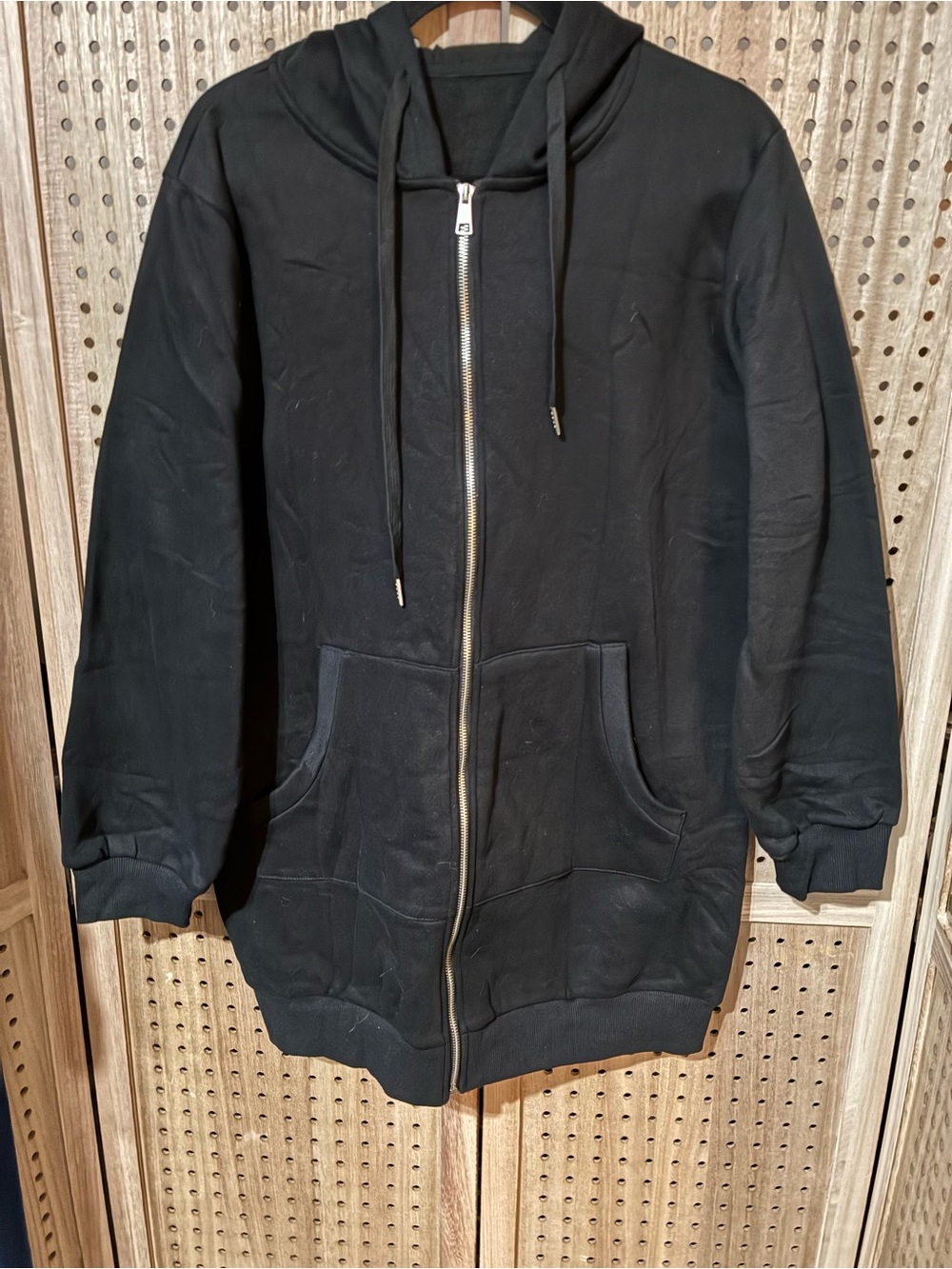 Black Long Full-Zip Hooded Jacket with Pockets Size L